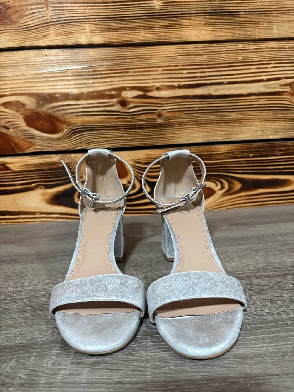 Gianni Bini Silver Block Heel Ankle-Strap Sandals